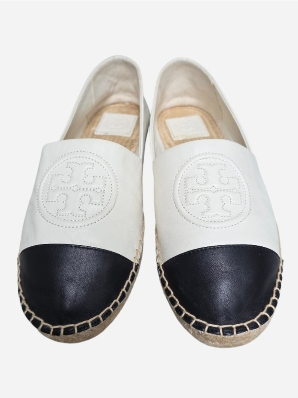 EUC Tory Burch Black & White Leather Espadrilles With Stitched T Logo, Size 9
